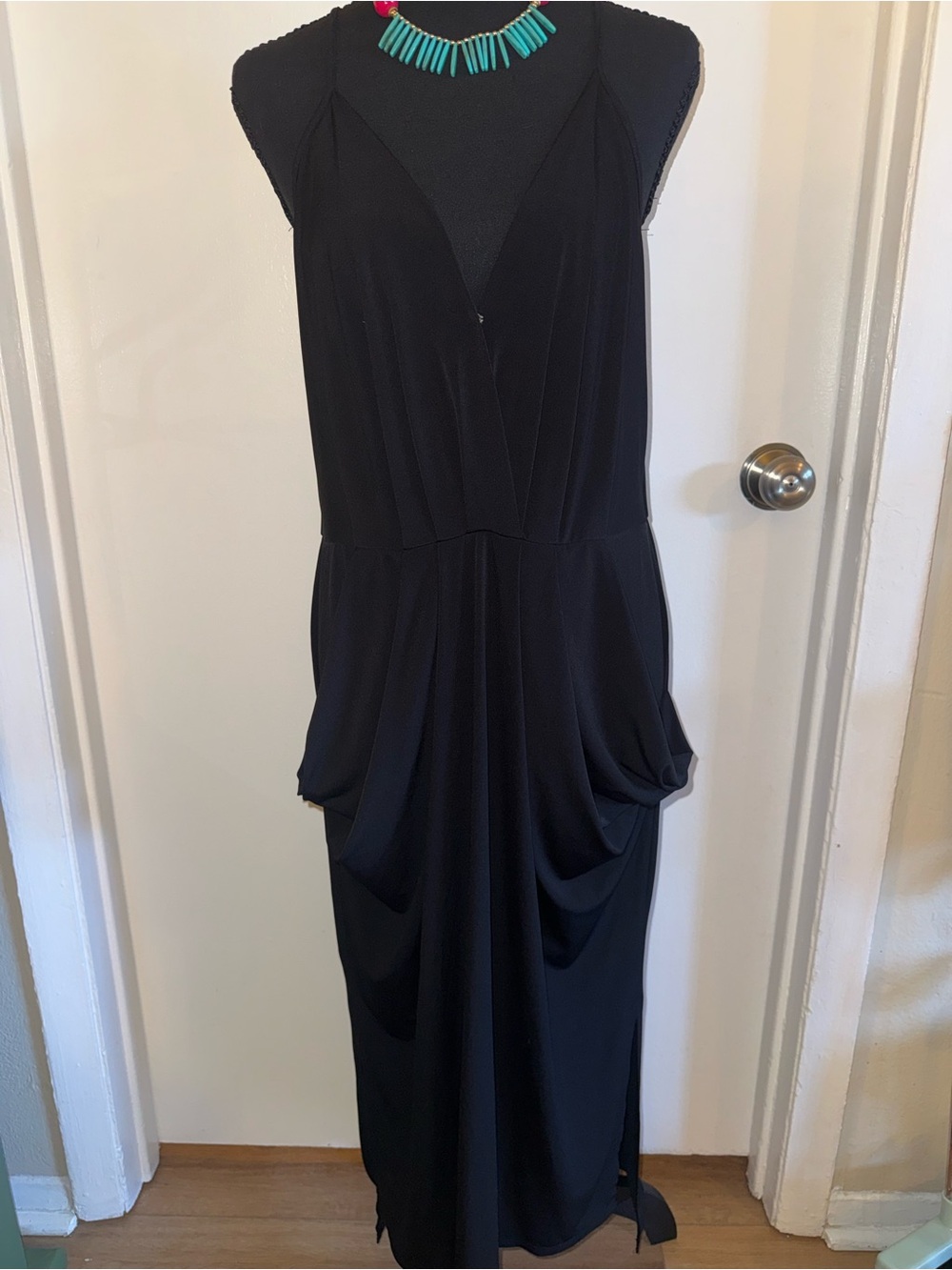 BCBGeneration Black Maxi Dress L Plunge Mesh Cutout Back Draped Pocket Y2K
